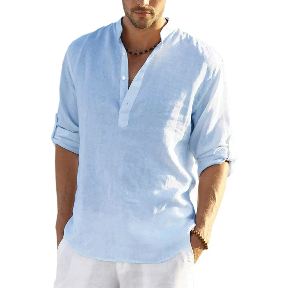 Men’s Cotton Linen Long Sleeve Casual Shirt Loose Fit Breathable Spring Autumn Buttonless Blouse Style Top Fashion Tee S-3XL
