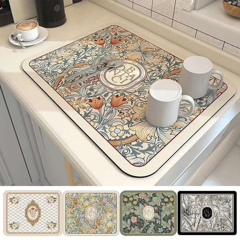 Elevate Kitchen Cleanup with Printed Dish Drying Mat - Super Absorbent Tableware Draining Pad