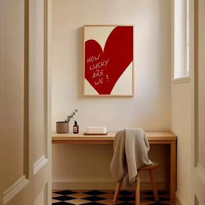 Frameless Red Love Heart Canvas – “How Lucky Are We” Modern Wall Art Poster for Bedroom, Home Decor & Valentine’s Gift