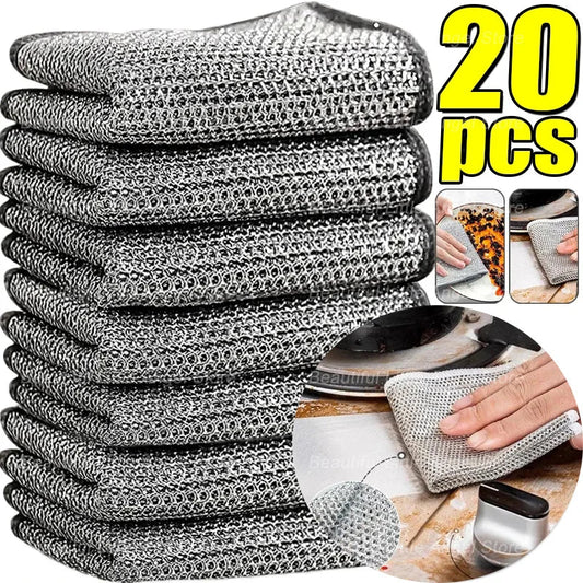 20/5PCS Thickened Steel Wire Cleaning Cloth – Non-Scratch Double-Layer Microfiber Mesh Dishrag & Kitchen Towels for Pots