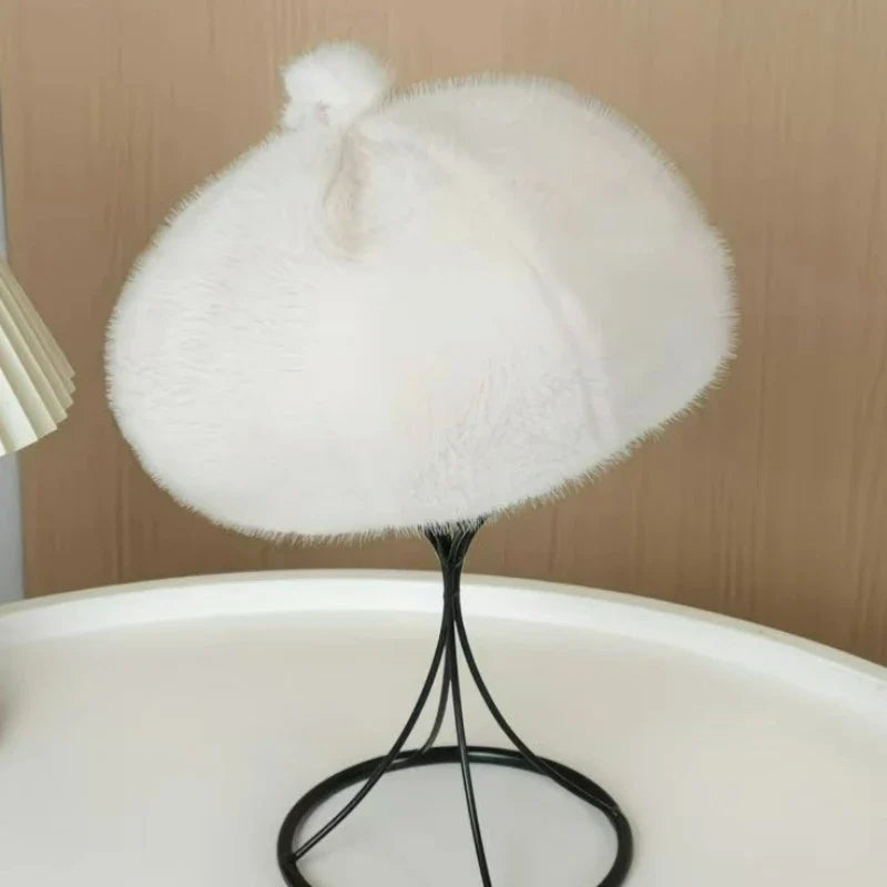 Thickened Plush Winter Beret for Women – Fleece-Lined Painter Style Hat, Elastic Cold Weather Cap, Vintage Retro Fashion Outdoor Wear