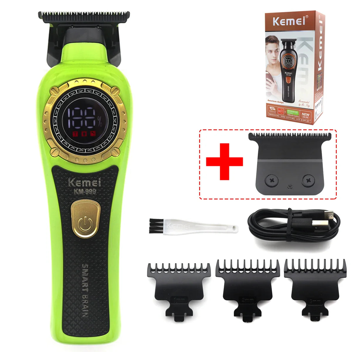 Kemei KM-999 Hair Trimmer for Men – DLC T-Blade, Zero Gapped, LED Display, Cordless USB Professional Hair Clipper