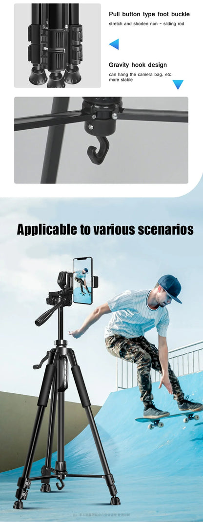 55" Aluminum Phone & Camera Tripod — Travel Self-Stand with Quick Plate Mount & Pan Head for Canon, Nikon DSLR & SLR Cameras