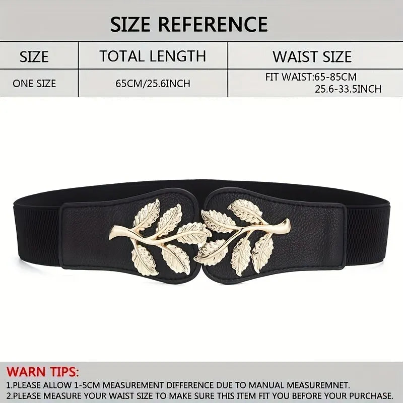 Women’s Wide Waist Belt – Gold Leaf Elastic with Double Hook Buckle, Fashionable Skirt Accessory