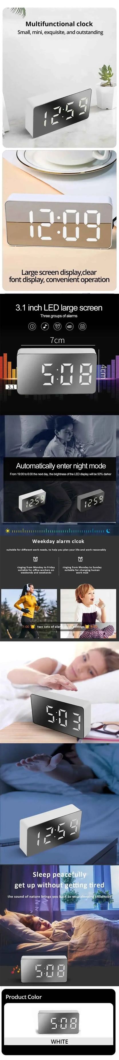 White LED Mirror Table Clock – USB Digital Alarm Clock with Snooze, Night Light & Time Display for Home Decor