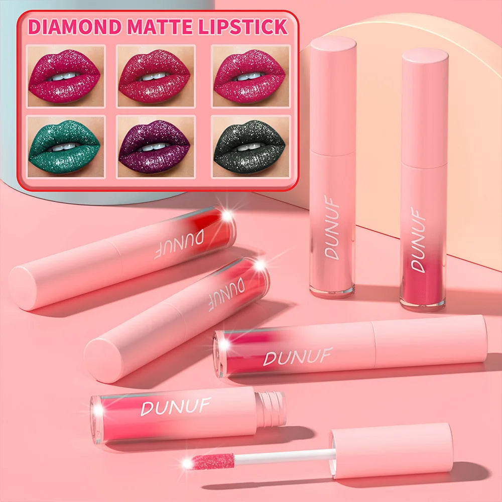 18-Color Sexy Red Diamond Glitter Lip Gloss – Metallic, Waterproof, Long-Lasting Matte Shimmer Liquid Lipstick for Women