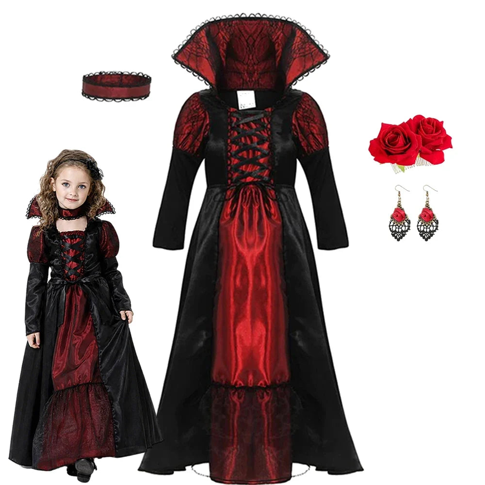 Girls Vampire Queen Costume - Black & Red Vintage Long Dress with Collar for Halloween & Cosplay
