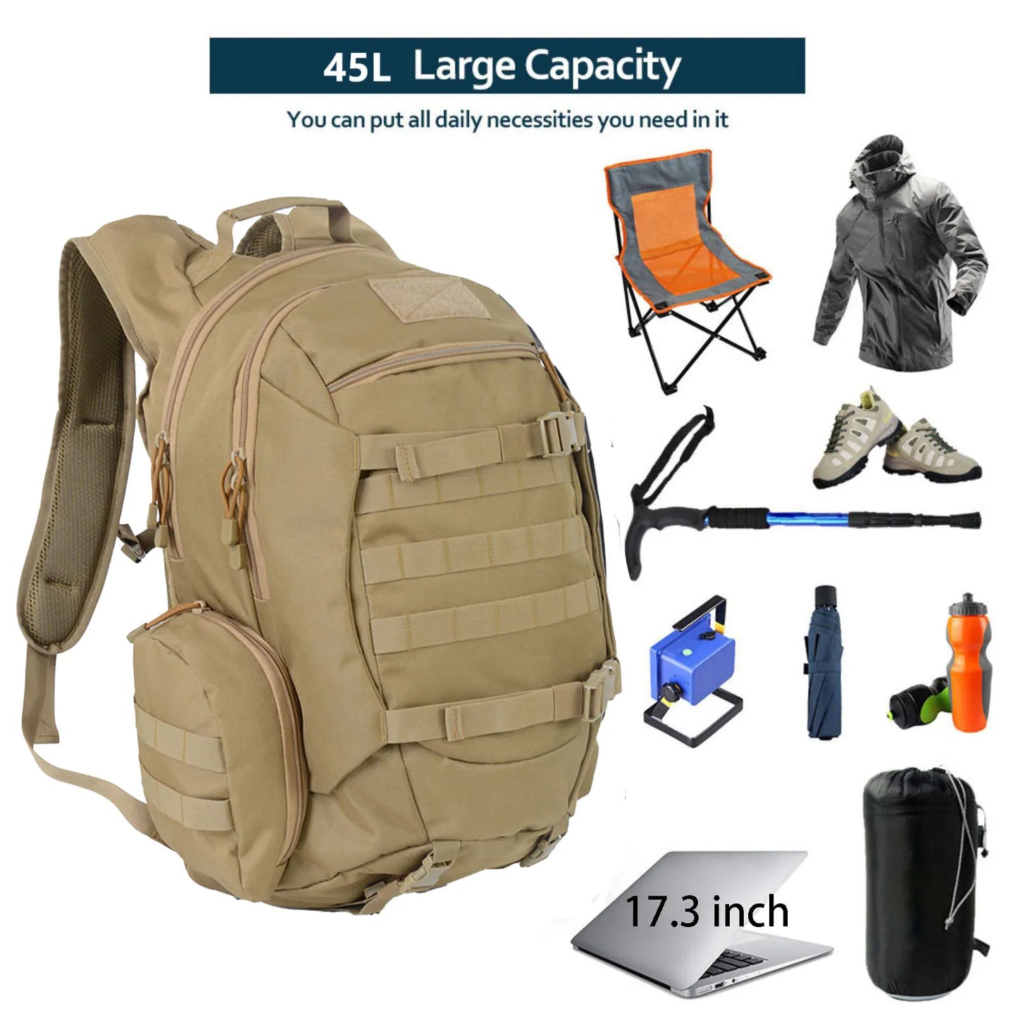45L Waterproof Tactical Backpack – Outdoor Fishing, Hunting, Hiking & Camping Rucksack