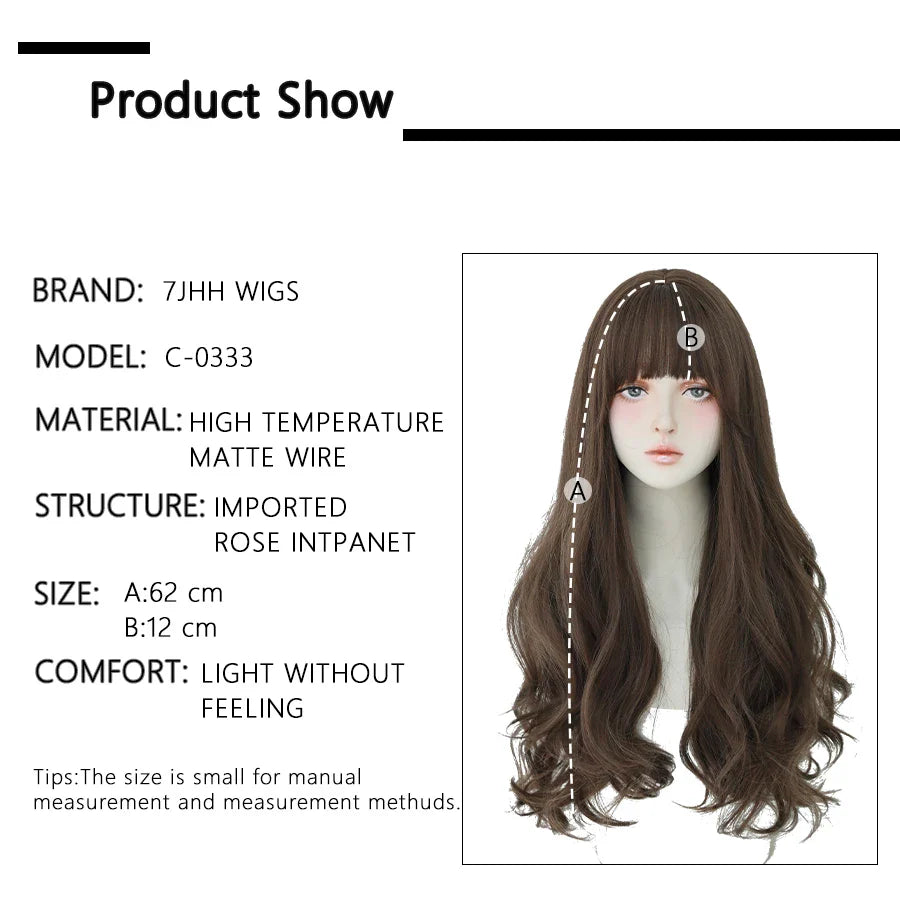 7JHH Brown Ash Long Deep Wave Lolita Wig for Women — Synthetic Hair with Bangs, Thick Curly Fashion Wig