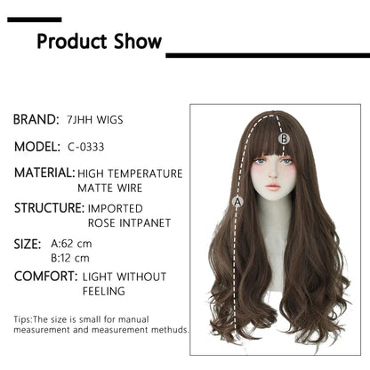 7JHH Brown Ash Long Deep Wave Lolita Wig for Women — Synthetic Hair with Bangs, Thick Curly Fashion Wig
