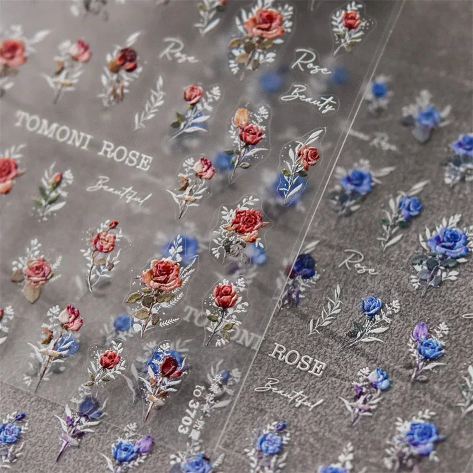 Vintage Rose Flower Nail Stickers – Red & Blue Laser Gold/Silver Nail Art Decals for Manicure Design DIY Beauty Tool