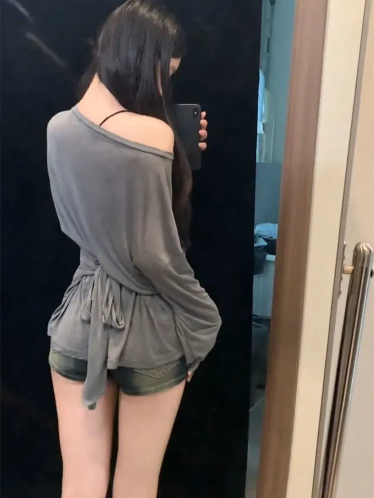 Women's Oversize See-Through Long Sleeve T-Shirt – Sexy Off-Shoulder Back Bandage Korean Chic Top