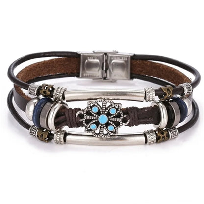 Vintage Gothic Punk Moon & Star Metal Bracelet - Multilayer Leather Bangle for Men, Leaf & Sun Arm Jewelry