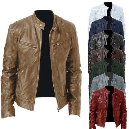 Men’s Slim Fit Motorcycle Leather Jacket – Short Lapel PU Zipper Windproof Coat for Autumn