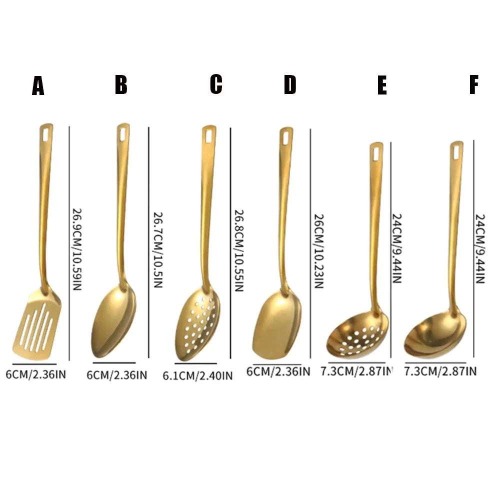 6PCS Hot Pot Cutlery Set – Stainless Steel Golden Spoons & Strainer Kitchenware