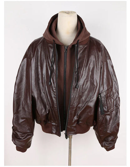 Mauroicardi Autumn Winter Oversized PU Leather Bomber Jacket for Men - Thickened Warm Hooded Luxury Designer Coat