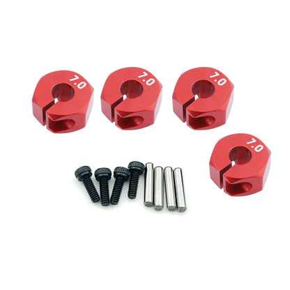 4PCS Aluminum Wheel Hex Hubs — 12mm Drive with Pins & Screws, 5/6/7mm Thickness for RC Cars, Crawlers, HSP, Tamiya, SCX10 & Slash