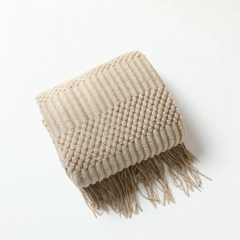 White Boho Throw Blanket – Textured Chunky Knitted Vintage Luxury Bedspread, Sofa Cover Manta Para Sofá