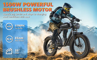Kickwey K7 Adult Electric Bike — 1500W 48V 23Ah Mountain E-Bike, 20" Fat Tires, Off-Road Outdoor Adventure