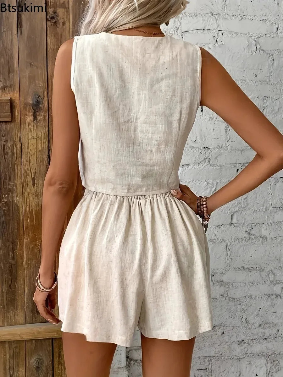 2026 Women’s Summer 2-Piece Set – Solid Cotton Linen V-Neck Sleeveless Vest Top & Shorts Casual Sexy Outfit