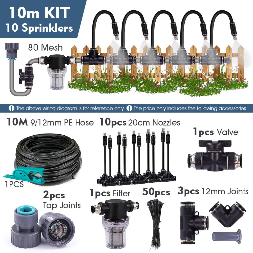 3/8" Misting Cooling System Kit – 360° 0.6mm Nozzle Atomizer with PE Tubing & 80 Mesh Filter for Garden Irrigation Watering