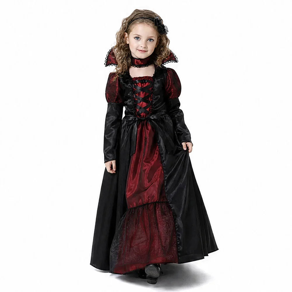 Girls Vampire Queen Costume - Black & Red Vintage Long Dress with Collar for Halloween & Cosplay