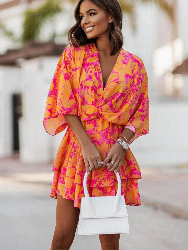 Women’s Sexy V-Neck Ruffle Mini Dress – Summer Boho Floral Batwing Sleeve Beach Party Dress