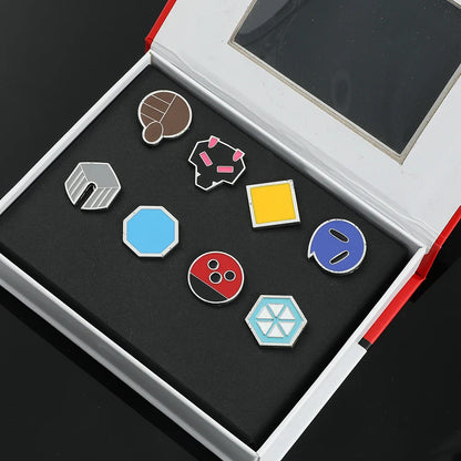 Anime League Gym Badge Set – Metal Brooches from Sinnoh, Johto, Hoenn & Indigo with Pikachu & Squirtle Figure Toys