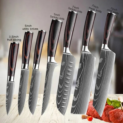 Japanese Santoku Kitchen Knives - Stainless Steel Cleaver, Slicing Knife, Boning Knife, Butcher Cleaver, Laser Damascus Knife