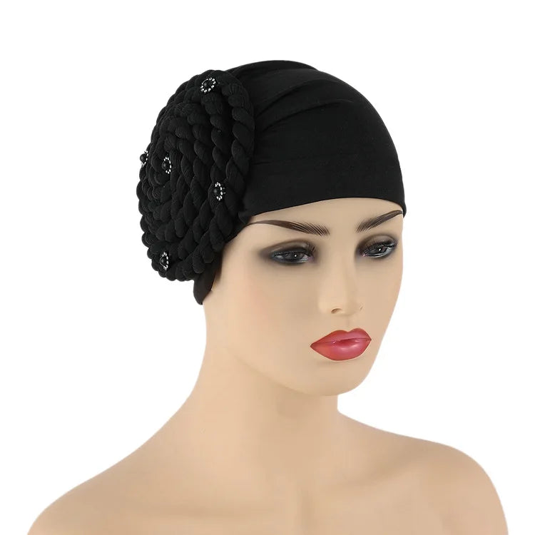 Diamond Braided Turban Hat for Women – Muslim Hijab Bonnet, African Headwrap Cap, Inner Headscarf