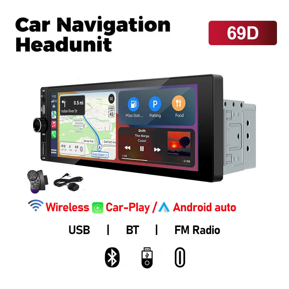 XIMA 6.9-Inch 1Din Car Stereo with Wireless CarPlay - Android Auto, Bluetooth, MP5, FM, USB & IPS Touchscreen