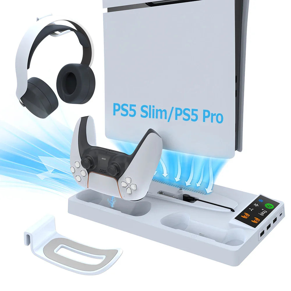 PS5 Pro & Slim Cooling Station — Multifunctional Controller Charging Stand with Headphone Holder