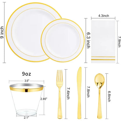 700PCS Gold Plastic Dinnerware Set – White & Gold Plates with 100 Napkins, Serves 100 Guests, Disposable Wedding Party Set