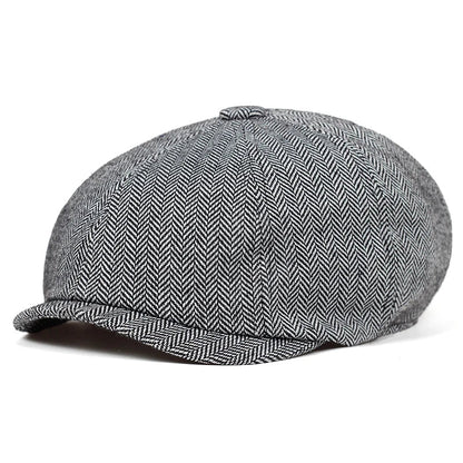 Men's Retro Newsboy Cap - Octagonal Flat Hat with Herringbone Design, British Painter Style Beret for Autumn and Winter