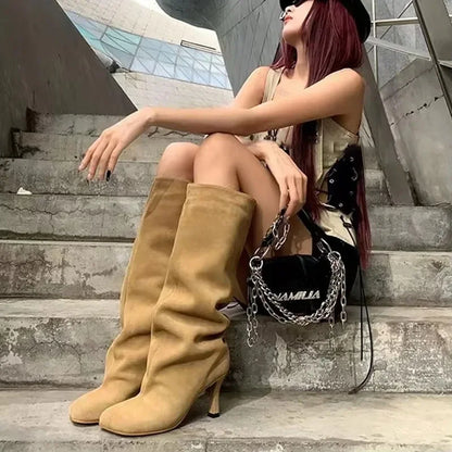 Women’s Suede Wide-Calf Knee-High Boots – Square Toe Stiletto Pull-On Riding Style Casual Chic Footwear