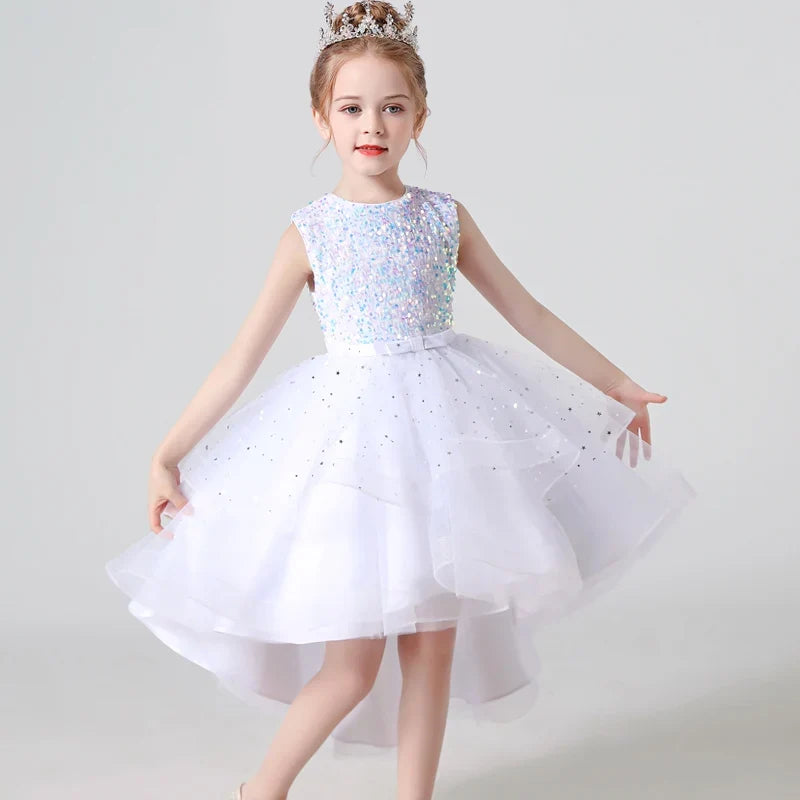 Sequin Lace Tuxedo Dress for Girls - Sleeveless Fluffy Mesh Wedding & Party Dress Ages 3–13