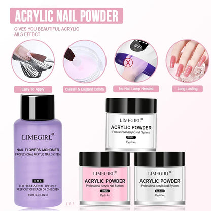 40ml Crystal Liquid & 45ml Acrylic Powder Set – Pink, White, Transparent Acrylic Powder Kit for Beginners Nail Art