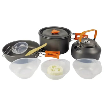 Nonstick Aluminum Camping Cookware Set: Portable Outdoor Tableware for Hiking, BBQ, and Picnics - Includes Kettle, Pot, Cooking Pan, and Bowl