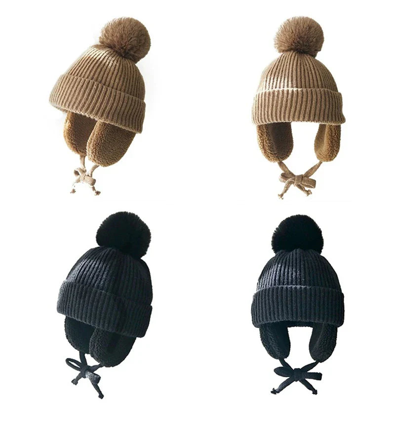 Winter Baby Beanie Hat with Pompom & Earflaps – Thick Wool Plush Knitted Cap for Girls & Boys, Ages 2-8T