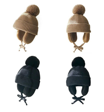 Winter Baby Beanie Hat with Pompom & Earflaps – Thick Wool Plush Knitted Cap for Girls & Boys, Ages 2-8T