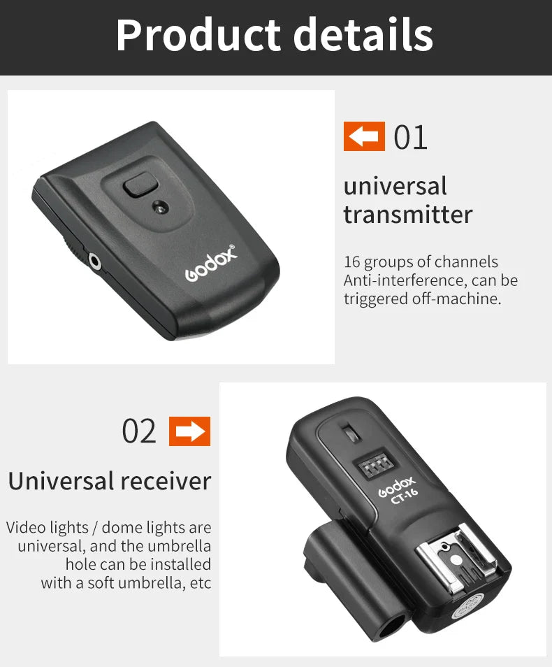 Godox CT-16 16-Channel Wireless Flash Trigger Transmitter & Receiver Set for Canon Nikon Pentax Studio Speedlite
