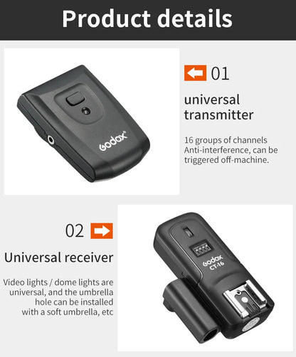 Godox CT-16 16-Channel Wireless Flash Trigger Transmitter & Receiver Set for Canon Nikon Pentax Studio Speedlite