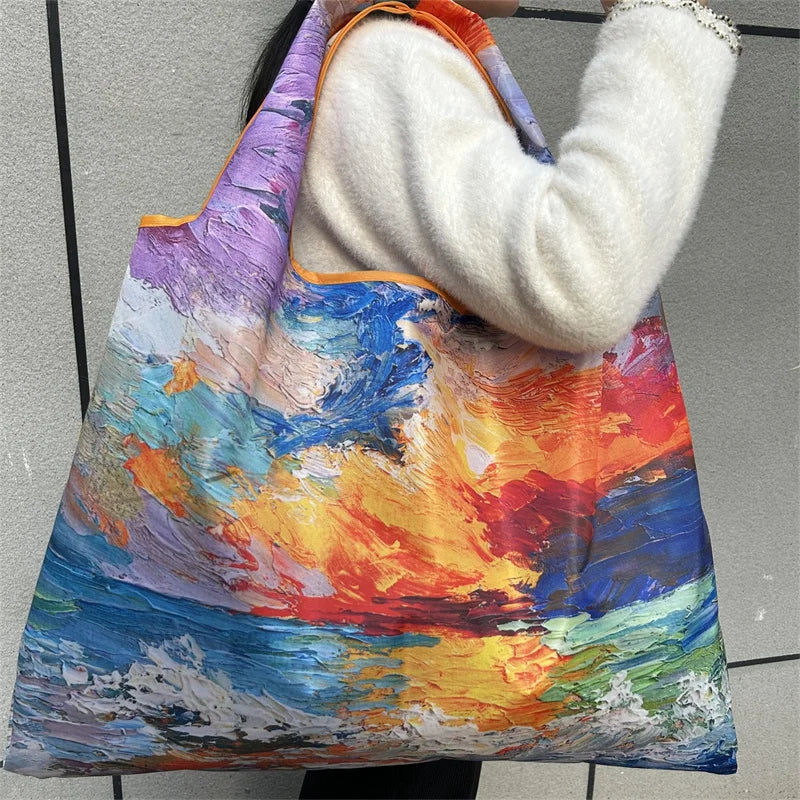 Flower Oil Painting Foldable Reusable Shopping Bag – Large Capacity Portable Shoulder Tote for Travel, Grocery & Beach Storage Handbag