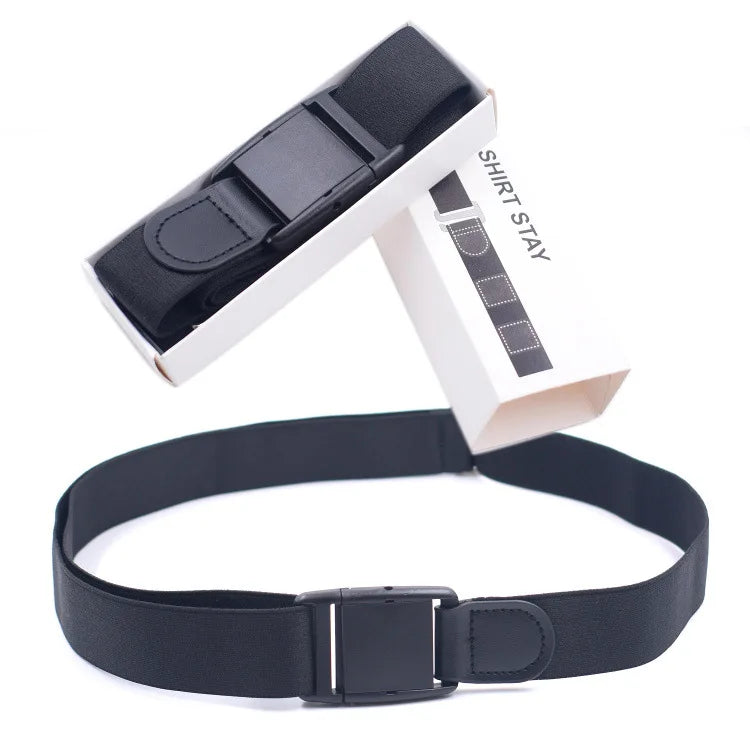 Black Shirt Stay Belt - Adjustable Elastic Non-Slip Shirt Holder Strap for Men & Women to Keep Shirts Tucked In