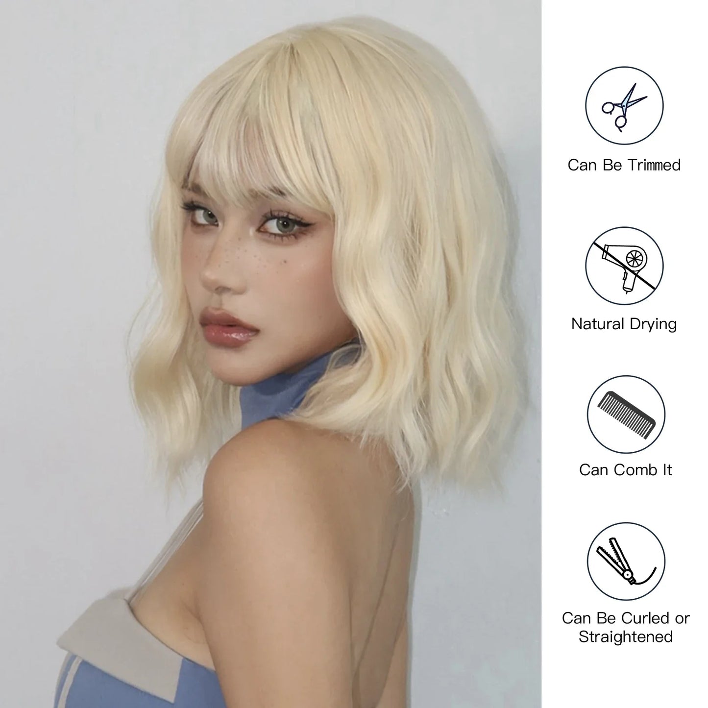 Blonde Short Curly Bob Synthetic Wig with Bangs – Platinum Golden Lolita Cosplay Wig for Women, Heat-Resistant for Daily & Party Use