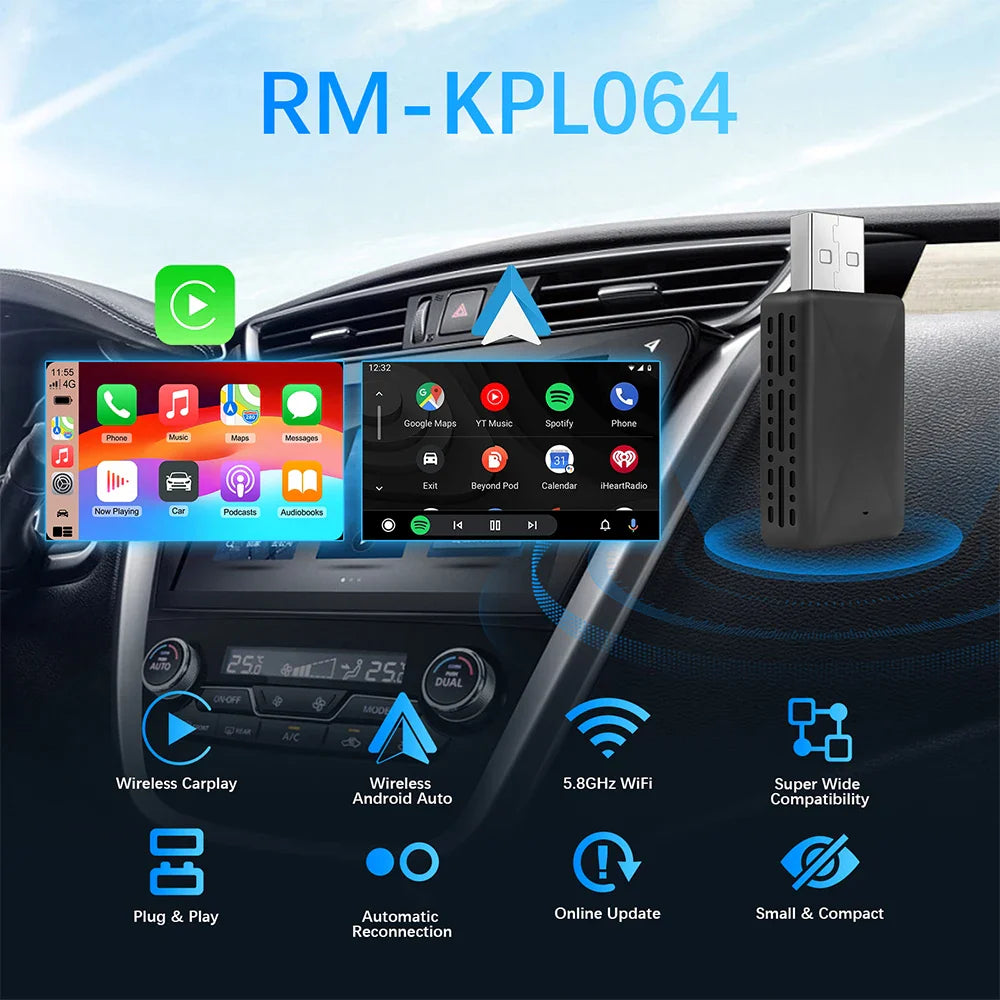 2-in-1 AI Box Mini Adapter – Wired to Wireless CarPlay & Android Auto, Plug and Play WiFi Smart Dongle, Compatible with 99% of Cars