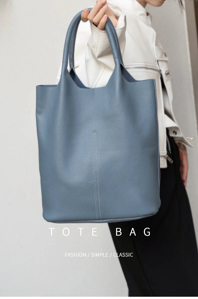 Genuine Leather Women’s Commuter Tote Bag — Soft Cowhide Shoulder Handbag, Large Capacity Bucket Bag, 2025 New