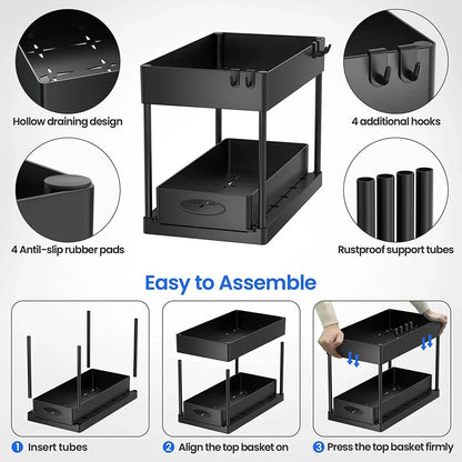 2-Tier Under Sink Organizer - Sliding Cabinet Basket with Hooks, Hanging Cup for Bathroom and Kitchen Storage