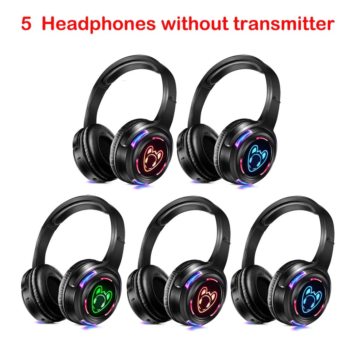 Silent Disco Complete System – Black LED Wireless Headphones Bundle with 5 Headsets & 1/2/3 Transmitters for Quiet Parties