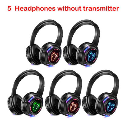 Silent Disco Complete System – Black LED Wireless Headphones Bundle with 5 Headsets & 1/2/3 Transmitters for Quiet Parties